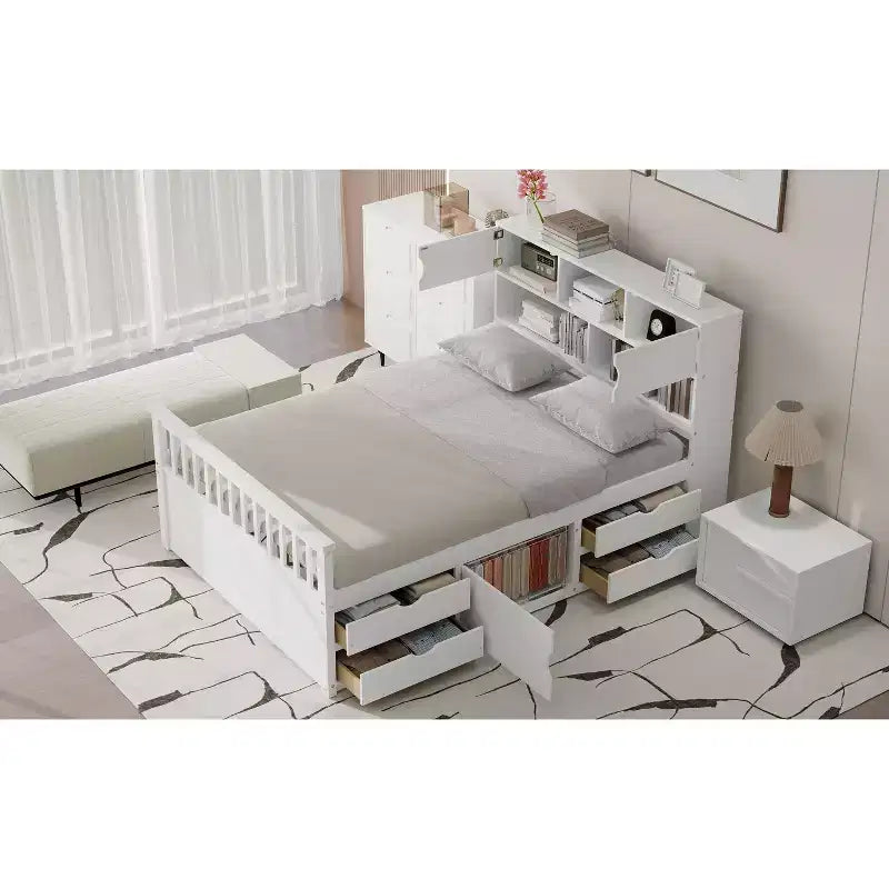 Letto a piattaforma "Captain" matrimoniale con librerie e ripiani contenitori, quattro cassetti, bianco