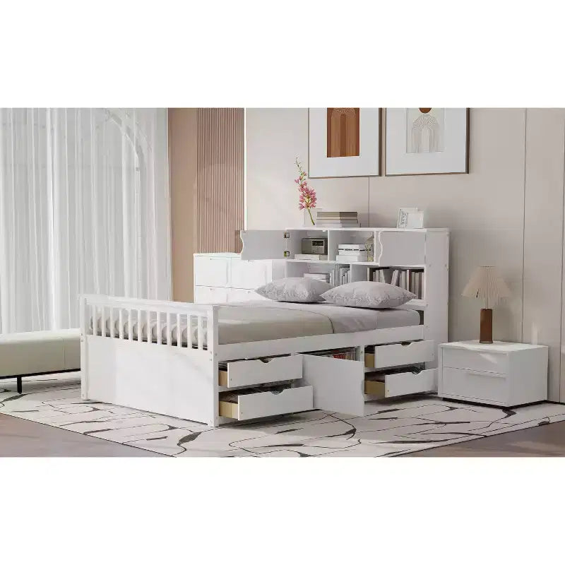 Letto a piattaforma "Captain" matrimoniale con librerie e ripiani contenitori, quattro cassetti, bianco
