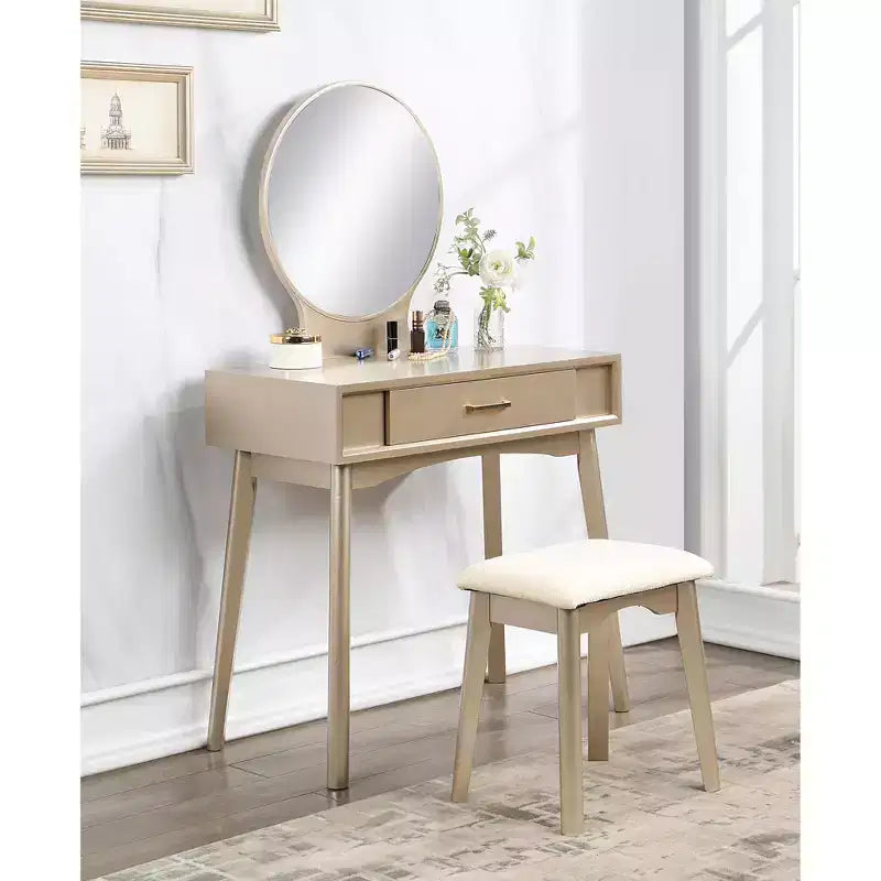 JVNOXK32.Specchio rotondo da 28 pollici, moderno, in legno, con gambe affusolate. Include cassetti con guide metalliche e set di sgabelli, oro