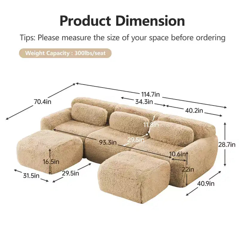 Divano sezionale modulare con 2 pouf, divano letto sezionale con seduta profonda, divano sezionale moderno di piccole dimensioni per soggiorno e camera da letto-Panipeachy