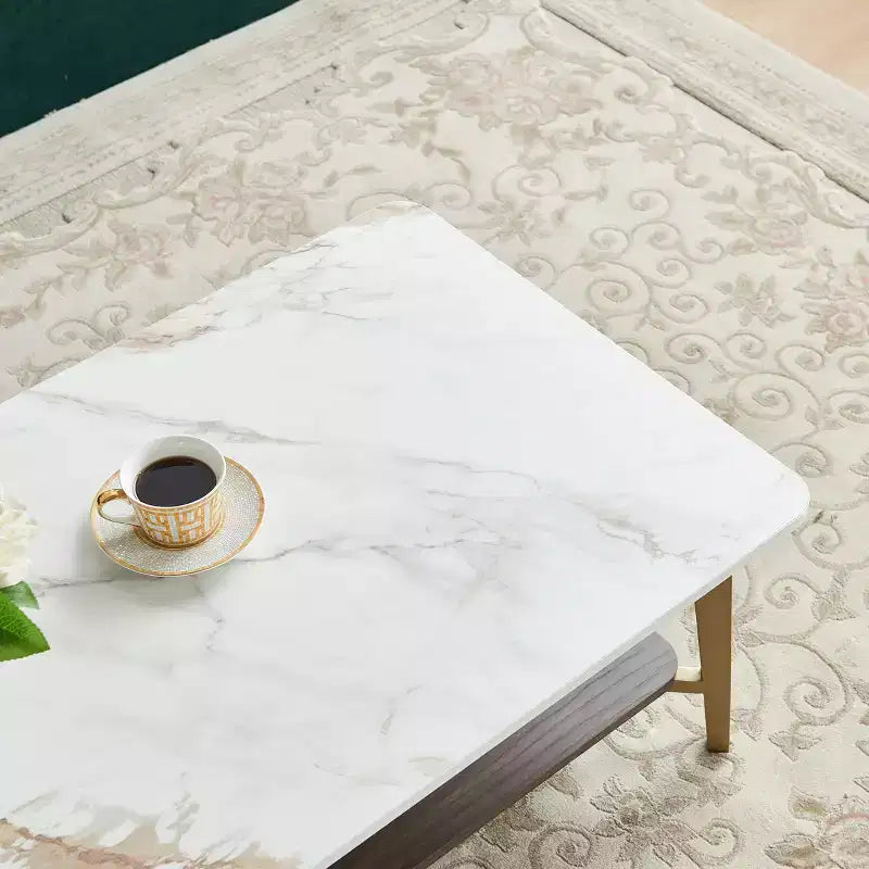 TUYOHW Tavolino da caffè a 2 ripiani per soggiorno, tavolino da centro rettangolare da 47,2 pollici per soggiorno, tavolino laterale in legno con struttura in metallo, bianco/oro
