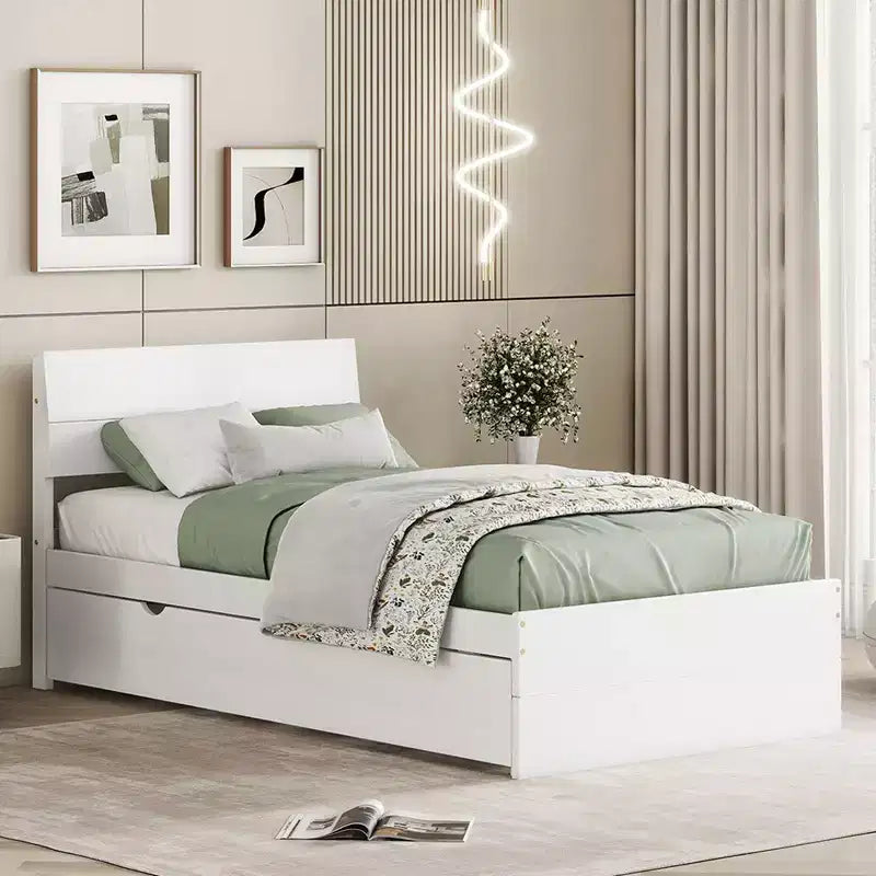 Modern Twin Bed Frame With Twin Trundle, Solid Wood Platform Bed With Headboard, No Box Spring Needed, Wooden Slats Supports, White