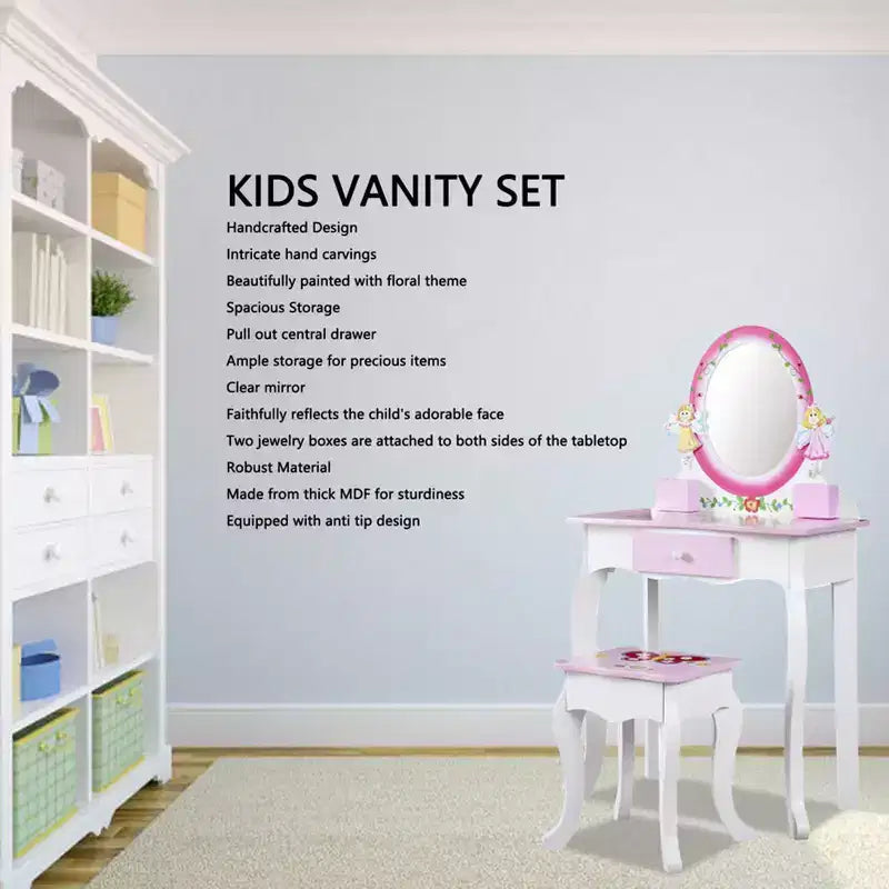 Set da toeletta per bambini – Tavolino da trucco in legno con stampa floreale, specchio e sgabello, rosa