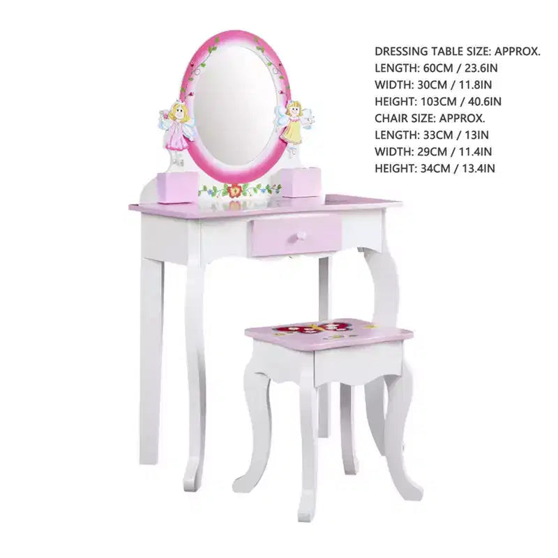 Set da toeletta per bambini – Tavolino da trucco in legno con stampa floreale, specchio e sgabello, rosa