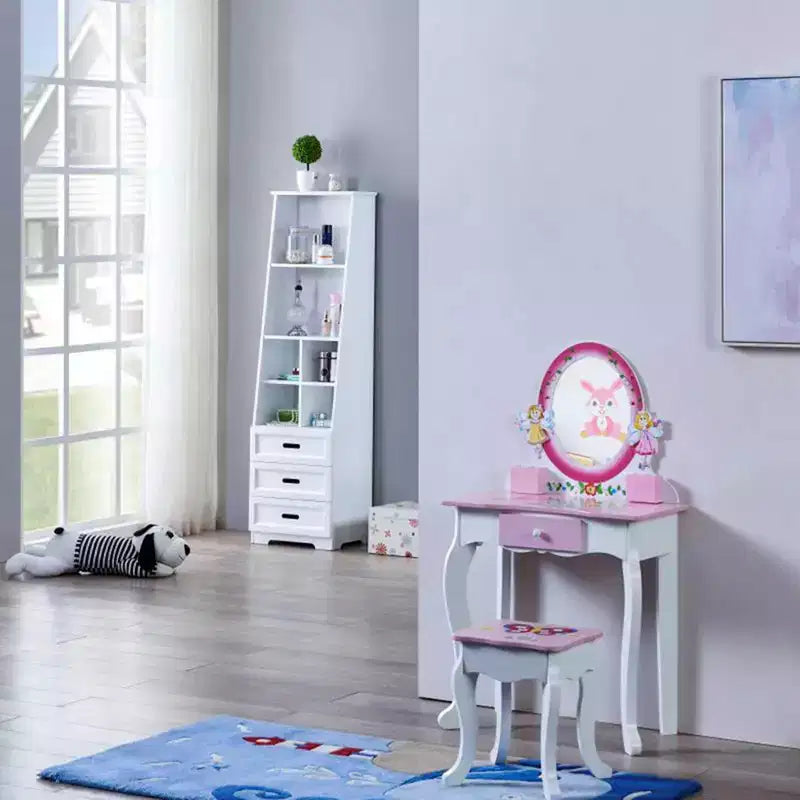 Set da toeletta per bambini – Tavolino da trucco in legno con stampa floreale, specchio e sgabello, rosa