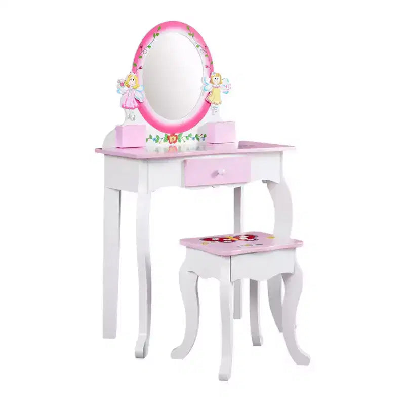 Set da toeletta per bambini – Tavolino da trucco in legno con stampa floreale, specchio e sgabello, rosa