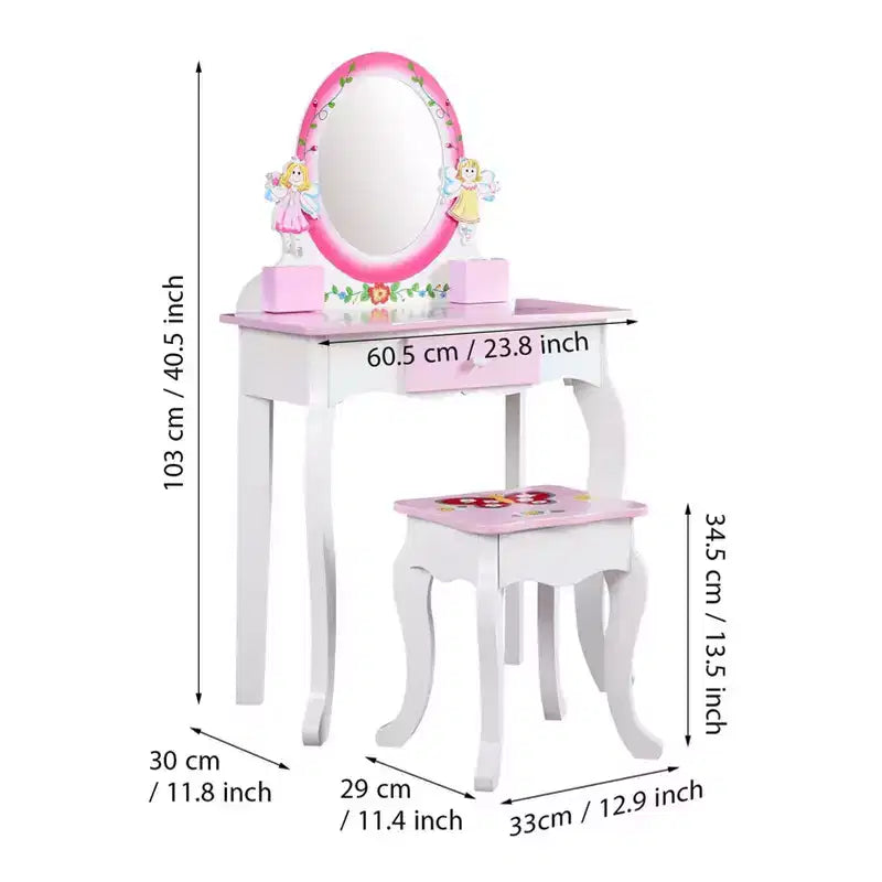 Set da toeletta per bambini – Tavolino da trucco in legno con stampa floreale, specchio e sgabello, rosa