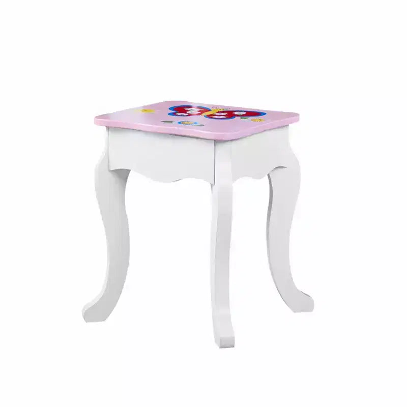 Set da toeletta per bambini – Tavolino da trucco in legno con stampa floreale, specchio e sgabello, rosa