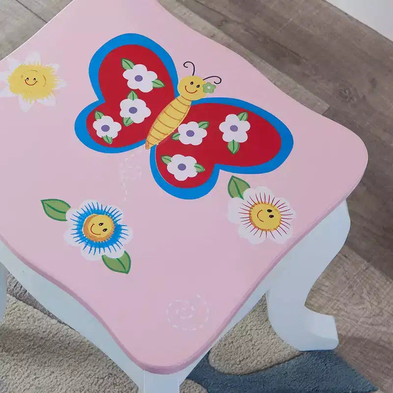 Set da toeletta per bambini – Tavolino da trucco in legno con stampa floreale, specchio e sgabello, rosa