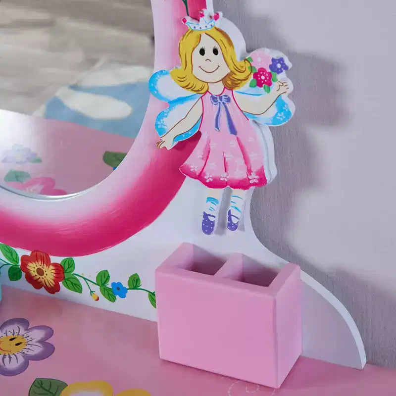 Set da toeletta per bambini – Tavolino da trucco in legno con stampa floreale, specchio e sgabello, rosa