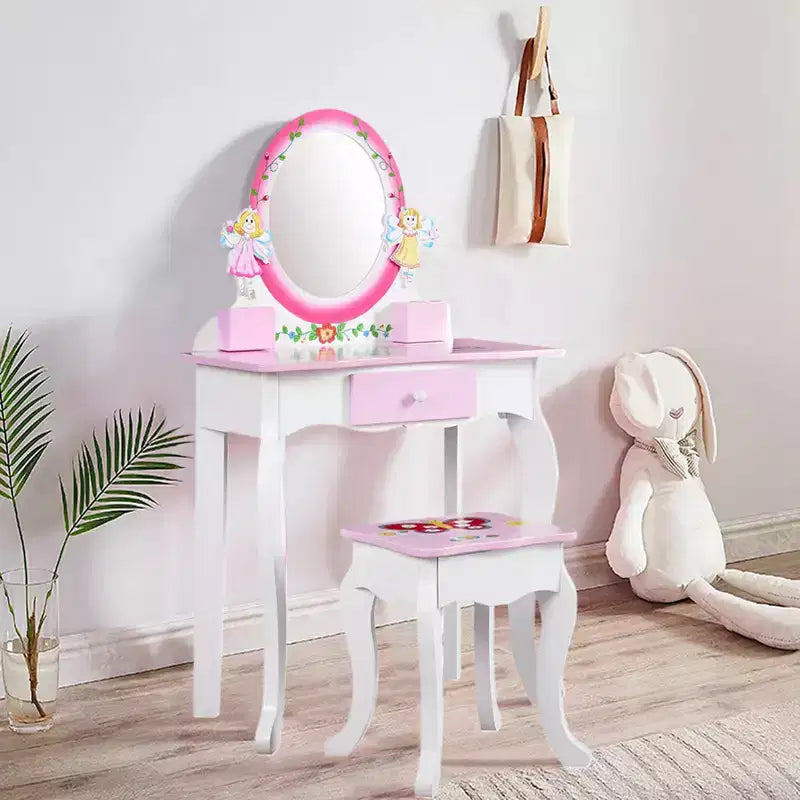 Set da toeletta per bambini – Tavolino da trucco in legno con stampa floreale, specchio e sgabello, rosa