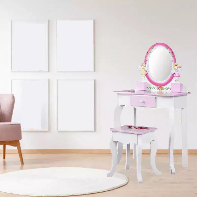 Set da toeletta per bambini – Tavolino da trucco in legno con stampa floreale, specchio e sgabello, rosa