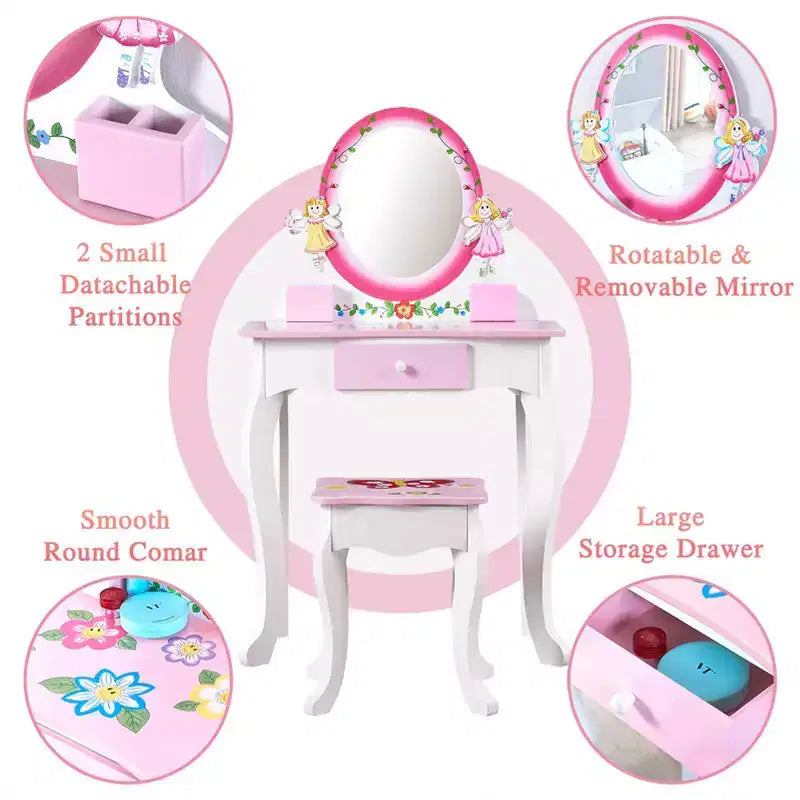 Set da toeletta per bambini – Tavolino da trucco in legno con stampa floreale, specchio e sgabello, rosa