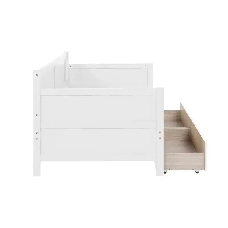 Divano letto singolo con 2 cassetti portaoggetti – Divano letto in legno massello di pino, salvaspazio, bianco