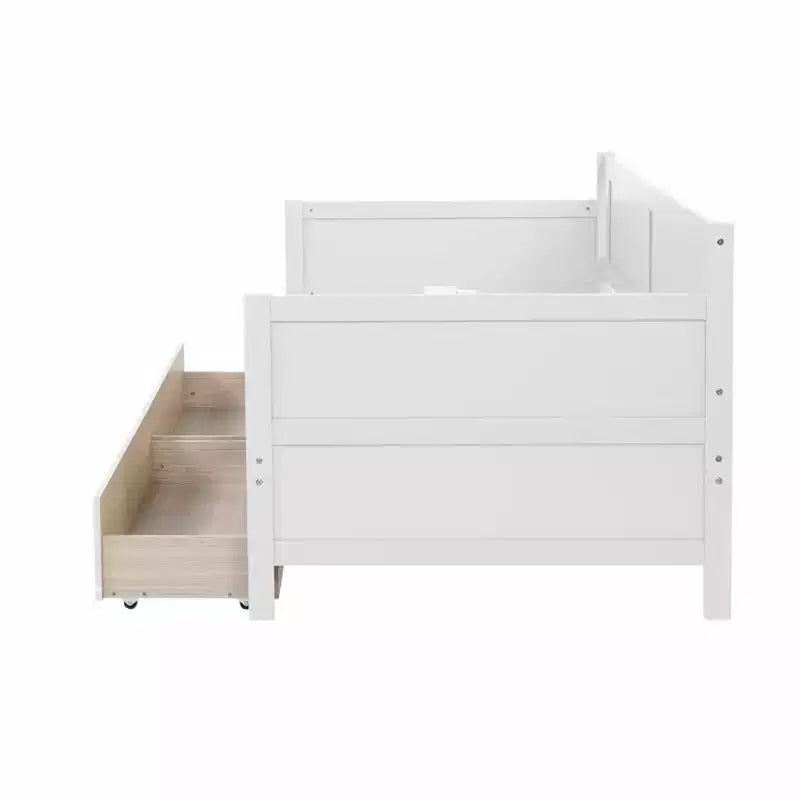 Divano letto singolo con 2 cassetti portaoggetti – Divano letto in legno massello di pino, salvaspazio, bianco