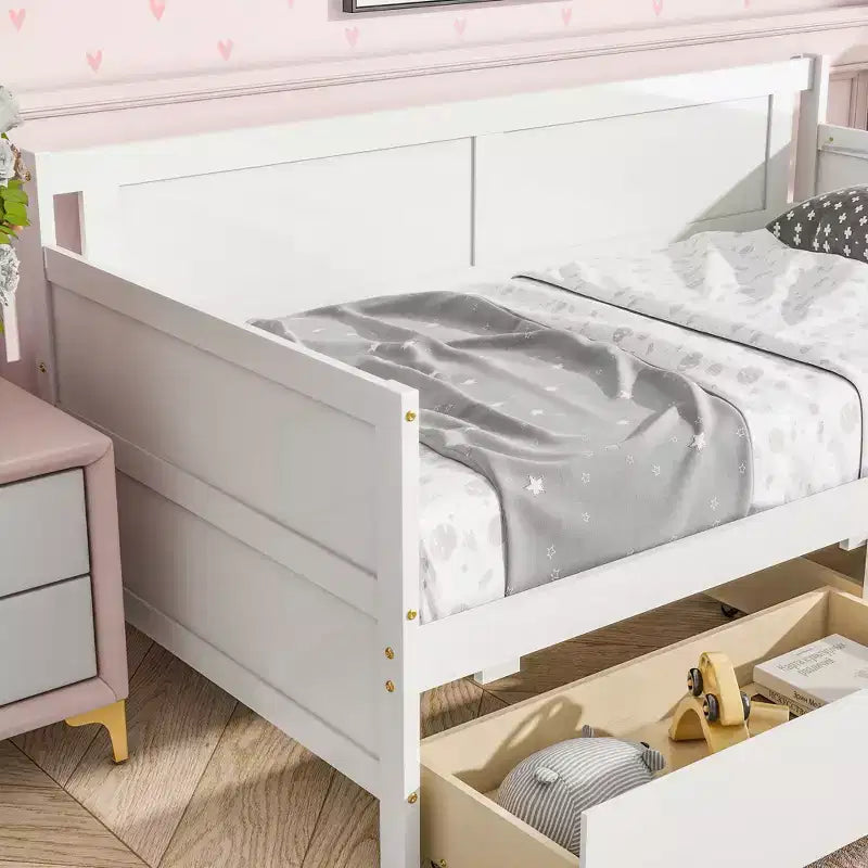 Divano letto singolo con 2 cassetti portaoggetti – Divano letto in legno massello di pino, salvaspazio, bianco