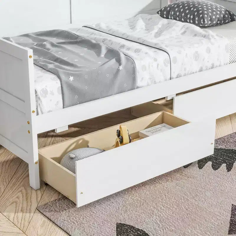 Divano letto singolo con 2 cassetti portaoggetti – Divano letto in legno massello di pino, salvaspazio, bianco