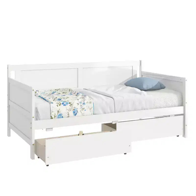 Divano letto singolo con 2 cassetti portaoggetti – Divano letto in legno massello di pino, salvaspazio, bianco