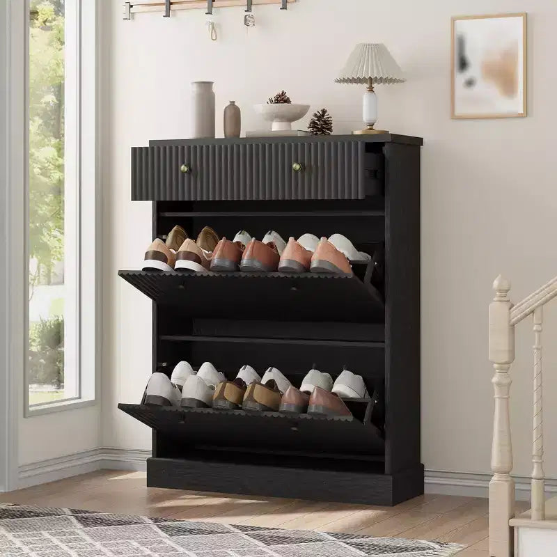 Shoe Storage Cabinet With 2 Flip Drawers, Hidden Wooden Fluted Shoe Cabinet with 1 Top Drawer, Freestanding Narrow Shoe Organizer For Hallway,