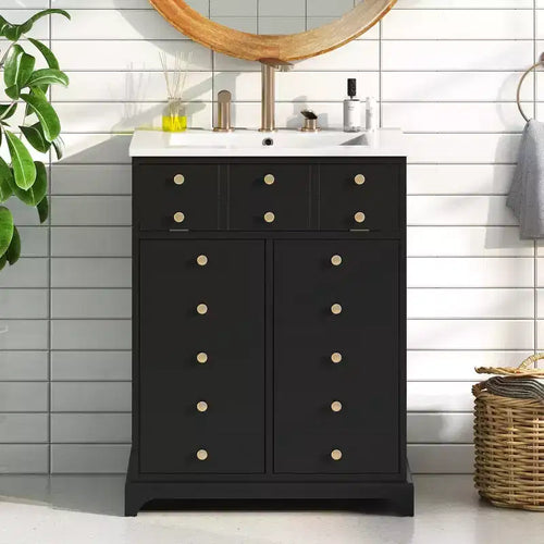 Mobiletto sottolavabo da bagno piccolo da 60 cm, Mobile bagno con ante ammortizzate, Lavabo singolo, Nero
