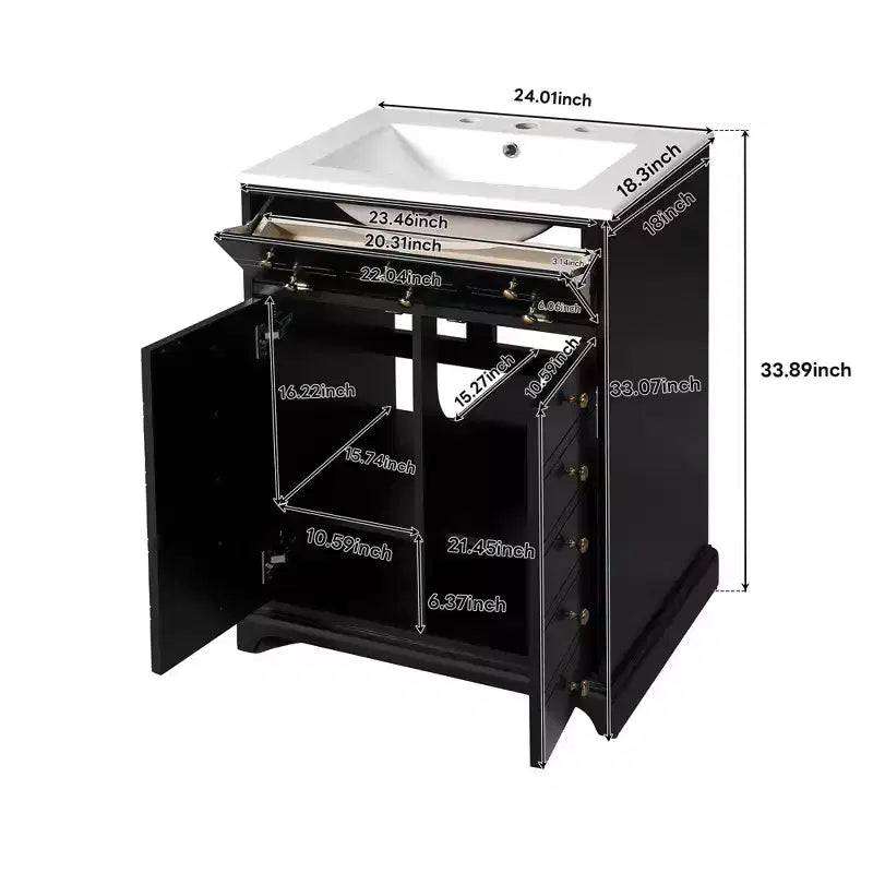Mobiletto sottolavabo da bagno piccolo da 60 cm, Mobile bagno con ante ammortizzate, Lavabo singolo, Nero