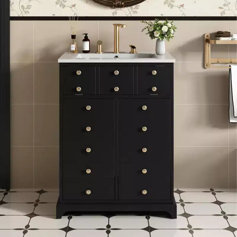 Mobiletto sottolavabo da bagno piccolo da 60 cm, Mobile bagno con ante ammortizzate, Lavabo singolo, Nero