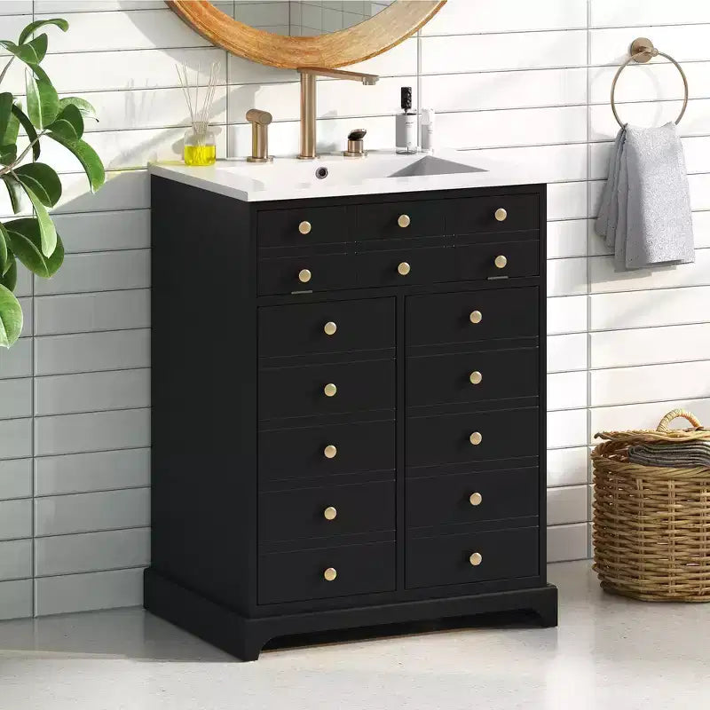 Mobiletto sottolavabo da bagno piccolo da 60 cm, Mobile bagno con ante ammortizzate, Lavabo singolo, Nero