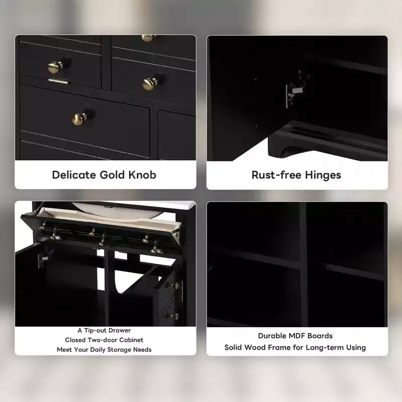 Mobiletto sottolavabo da bagno piccolo da 60 cm, Mobile bagno con ante ammortizzate, Lavabo singolo, Nero