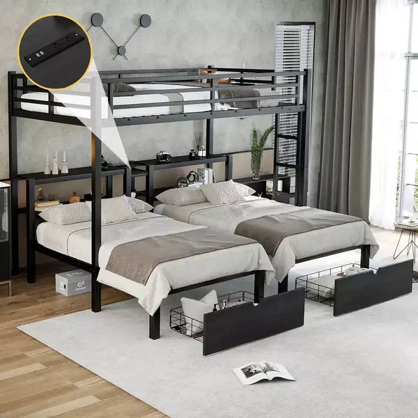 Bellemave Letto a castello triplo in metallo con cassetti, ripiani e USB, letto a castello salvaspazio multifunzionale per famiglie, nero