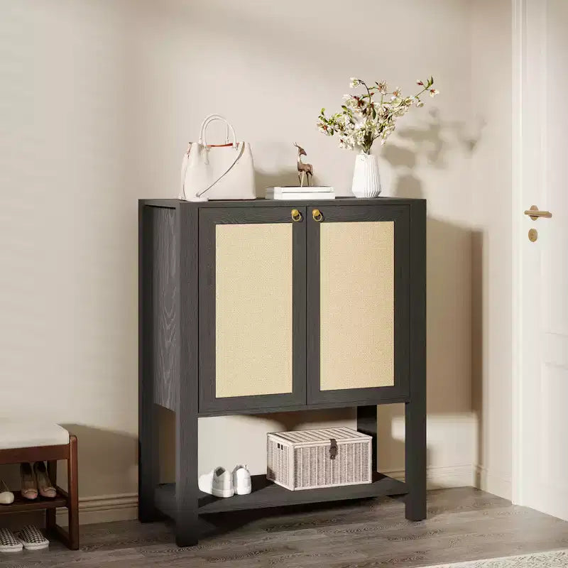 Rattan Shoe Storage Cabinet, 40in Tall Farmhouse Freestanding Wooden Shoe Rack Organizer with Adjustable Shelves and Open Shelf for Entryway, Grey Oak
