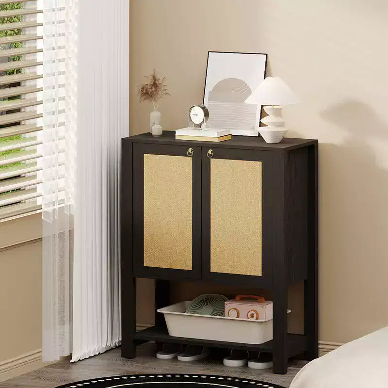 Scarpiera in Rattan, Mobile Portascarpe in Legno da 101 cm in Stile Rustico con Ripiani Regolabili e Ripiano Aperto per Ingresso, Rovere Grigio