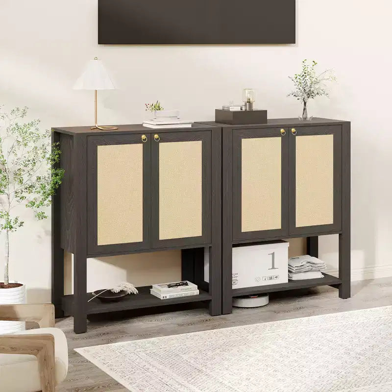 Scarpiera in Rattan, Mobile Portascarpe in Legno da 101 cm in Stile Rustico con Ripiani Regolabili e Ripiano Aperto per Ingresso, Rovere Grigio