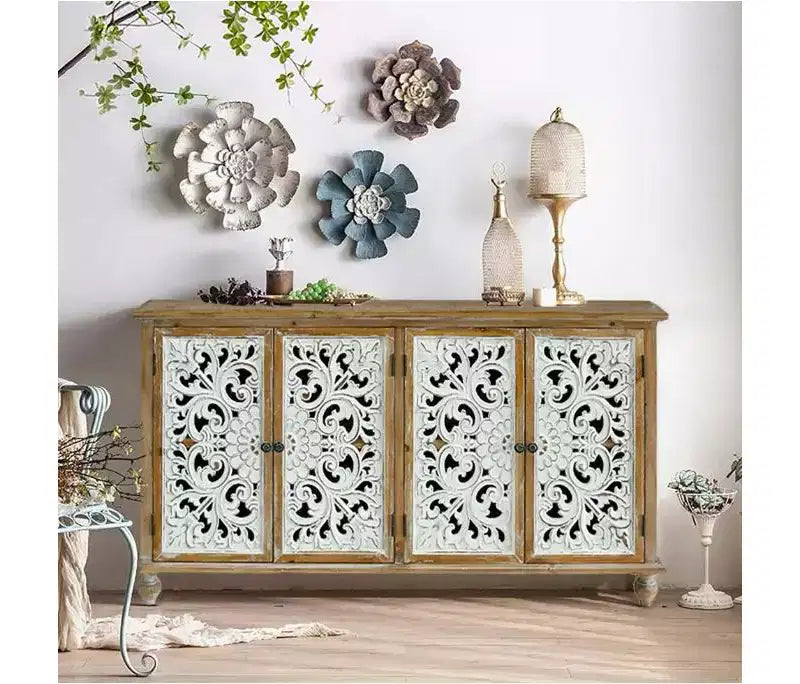 60 Vintage Sideboard Buffet Cabinet with Storage,French Farmhouse Cupboard,4 Doors Hollow Carved Accent Cabinet for Kitchen,Dining Room,Living Room