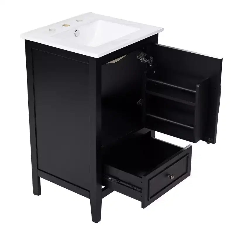 Mobiletto da bagno salvaspazio 30" con lavabo, mobiletto da bagno in legno con cassetti e anta, nero