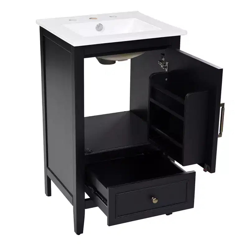 Mobiletto da bagno salvaspazio 30" con lavabo, mobiletto da bagno in legno con cassetti e anta, nero