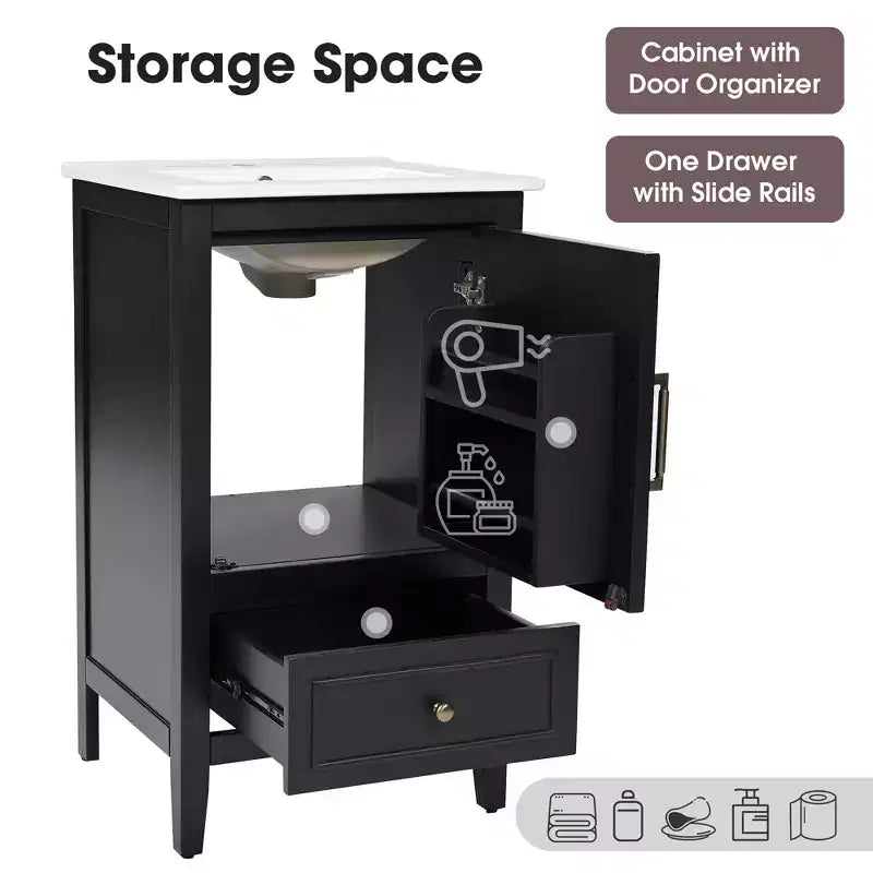 Mobiletto da bagno salvaspazio 30" con lavabo, mobiletto da bagno in legno con cassetti e anta, nero