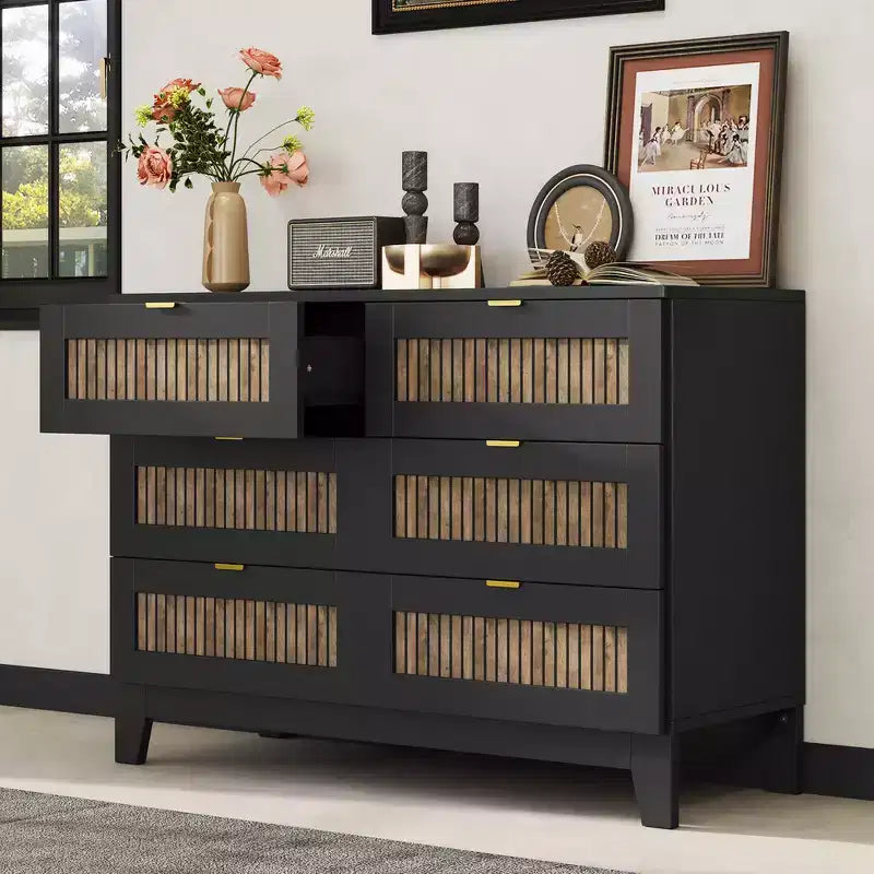 Whisen Cassettiera in legno stile rustico con 6 cassetti, armadietto, maniglie in metallo
