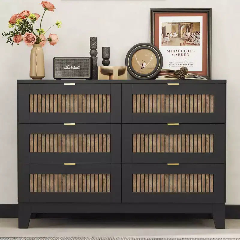 Whisen Cassettiera in legno stile rustico con 6 cassetti, armadietto, maniglie in metallo