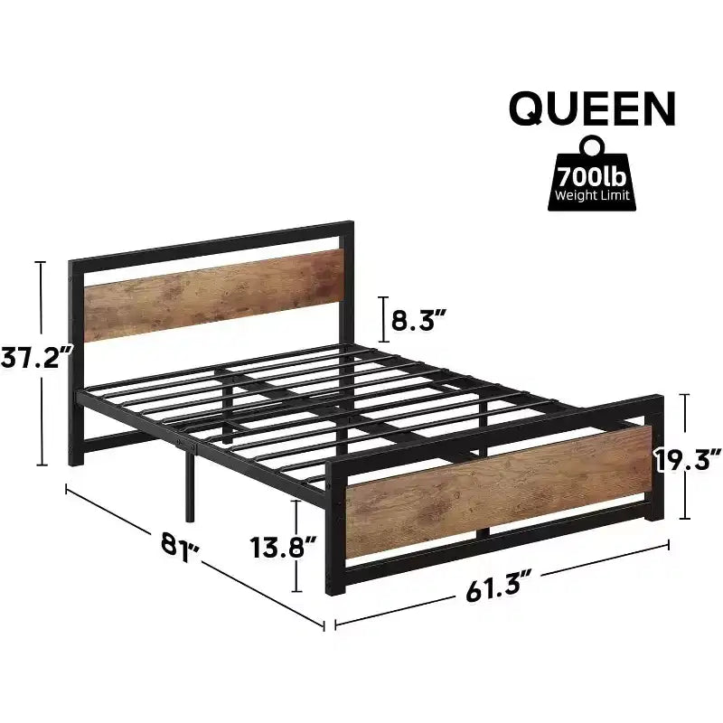 Struttura letto con testiera in legno, telaio in metallo industriale resistente da 14 pollici con spazio di archiviazione sotto il letto, nessuna rete a molle necessaria