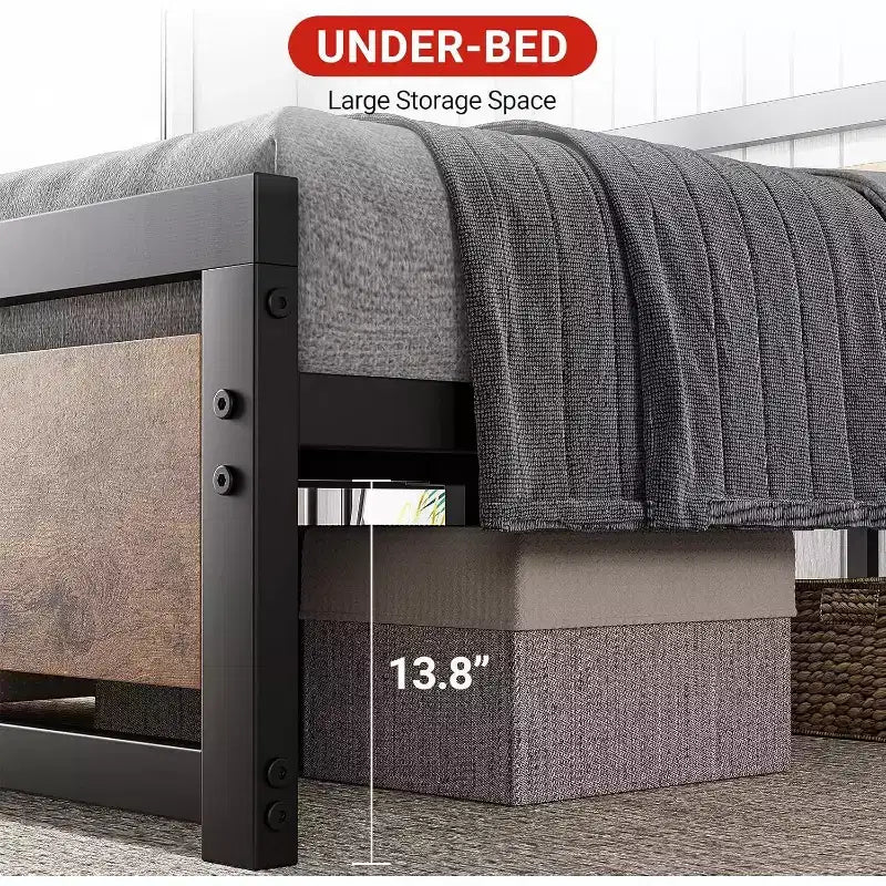 Struttura letto con testiera in legno, telaio in metallo industriale resistente da 14 pollici con spazio di archiviazione sotto il letto, nessuna rete a molle necessaria