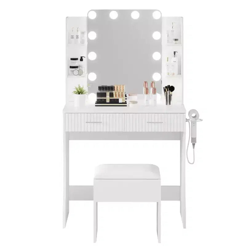 Toeletta con Specchio e Luci, Tavolo da Trucco con 2 Cassetti, 6 Ripiani, Supporto per Asciugacapelli e Sgabello, Mobili per Camera da Letto
