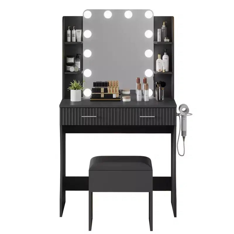Toeletta con Specchio e Luci, Tavolo da Trucco con 2 Cassetti, 6 Ripiani, Supporto per Asciugacapelli e Sgabello, Mobili per Camera da Letto