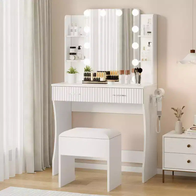 Toeletta con Specchio e Luci, Tavolo da Trucco con 2 Cassetti, 6 Ripiani, Supporto per Asciugacapelli e Sgabello, Mobili per Camera da Letto