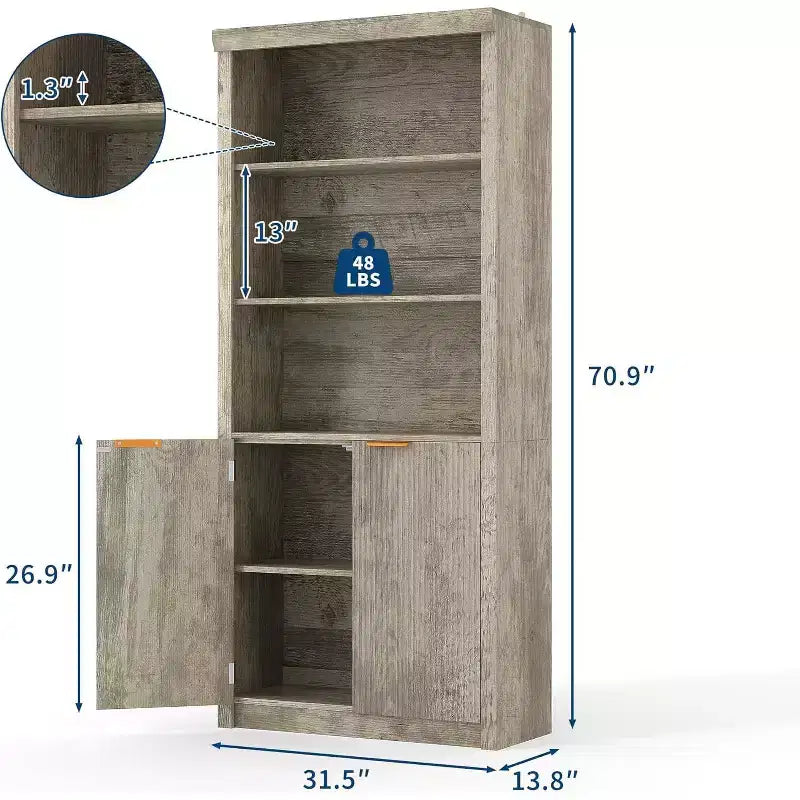 Libreria a 5 ripiani Acekool con ante, scaffale portaoggetti da 71 pollici, ripiani regolabili per soggiorno o ufficio