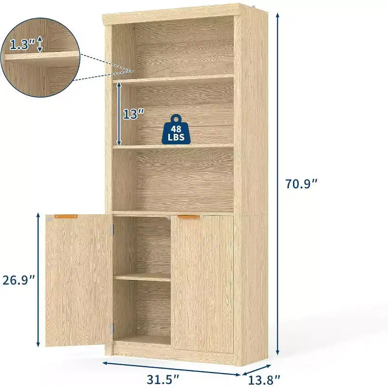 Libreria a 5 ripiani Acekool con ante, scaffale portaoggetti da 71 pollici, ripiani regolabili per soggiorno o ufficio