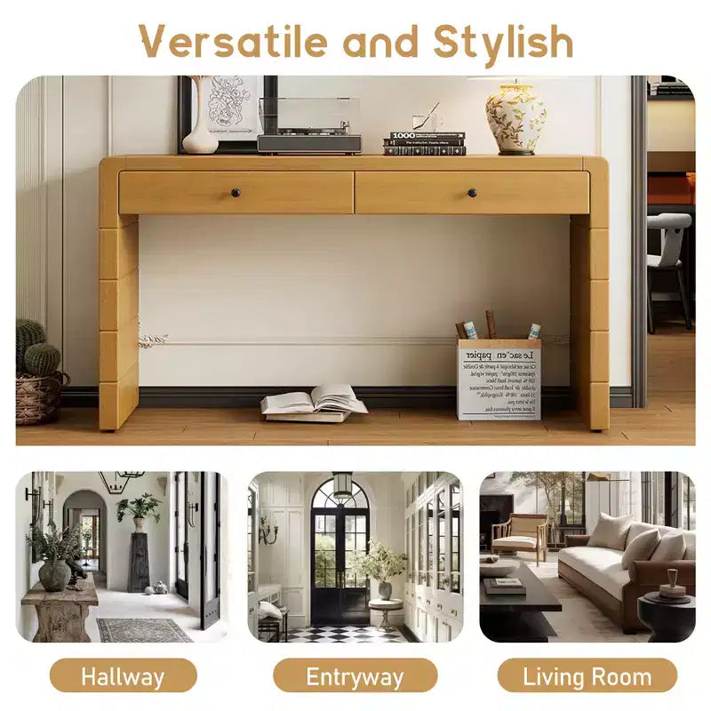 Consolle ricurva con spazio contenitivo, tavolo da ingresso in legno con 2 cassetti, consolle in stile rustico, adatta per ingressi
