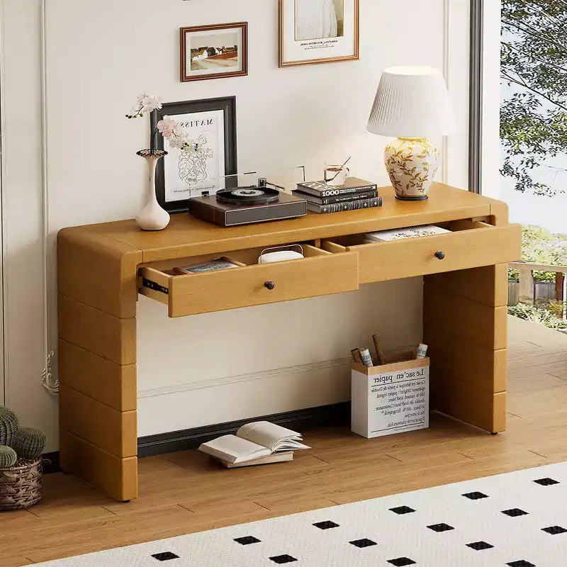 Consolle ricurva con spazio contenitivo, tavolo da ingresso in legno con 2 cassetti, consolle in stile rustico, adatta per ingressi