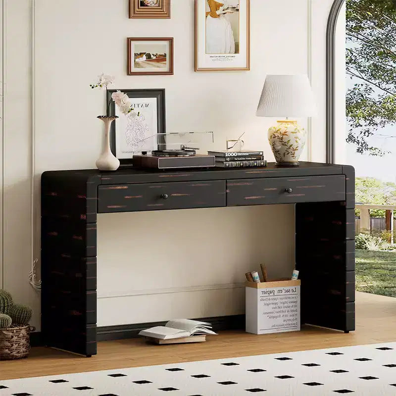 Curved console table with storage space, wooden entryway table with 2 drawers, farmhouse-style console table, suitable for entryways