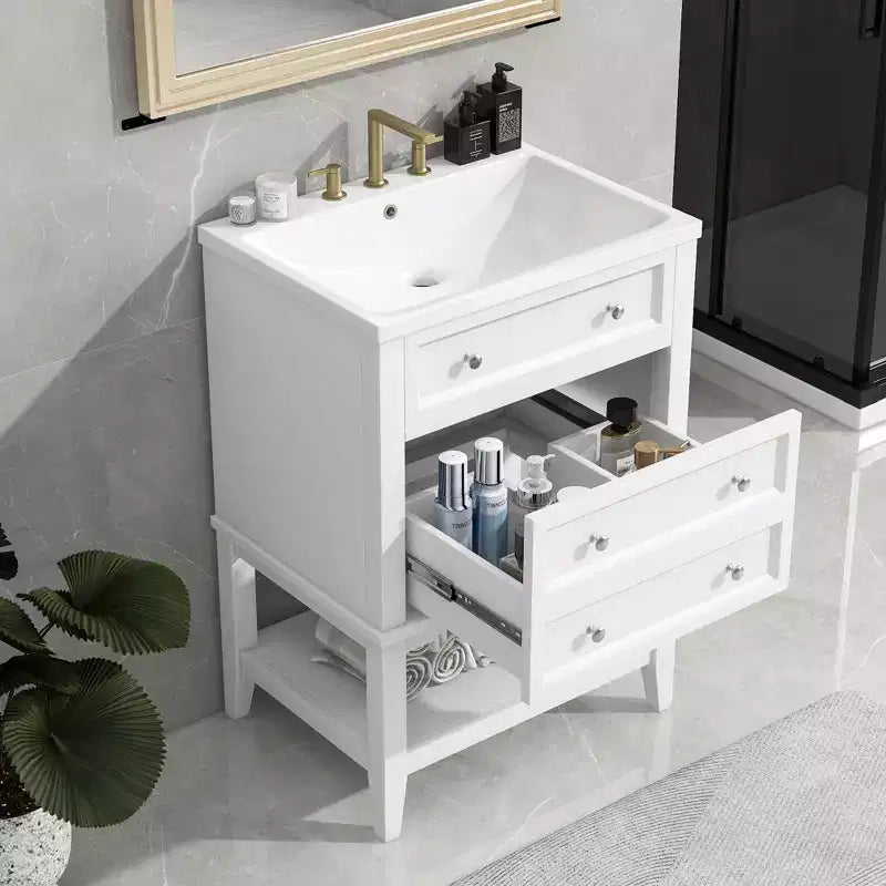 24 Small Bathroom Vanity Sink Combo with Storage , Wood Bathroom Floor Cabinet with Drawers and Open Shelf, White