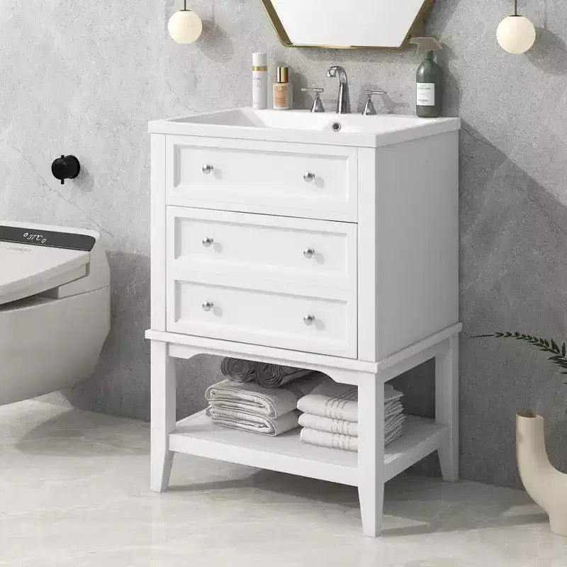 Mobiletto da bagno salvaspazio 24 pollici con lavabo, mobiletto da bagno in legno con cassetti e ripiano aperto, bianco